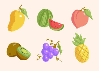 Pack de ilustraciones dibujadas a mano de coloridas frutas, set de frutas coloridas, mango, sandia, uva, kiwi, durazno, piña, 