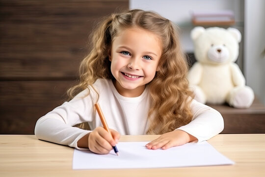 little girl drawing with pencils while sitting at table at home