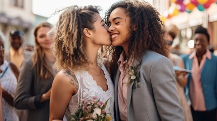 Smiling multiethnic lesbian couple posing the day of their wedding. - obrazy, fototapety, plakaty