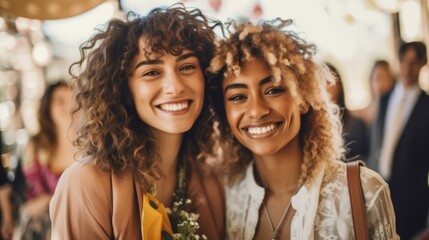 Obraz premium Smiling multiethnic lesbian couple posing the day of their wedding.