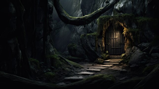 contrast of a dark cave entrance against a forest background, generative ai