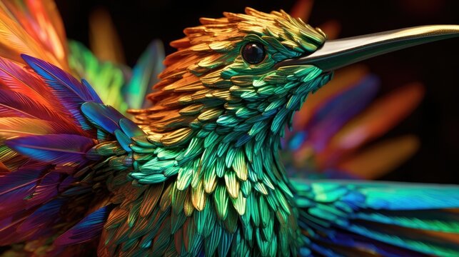 abstract 3d view of a hummingbird's iridescent feathers, detailed and colorful, generative ai