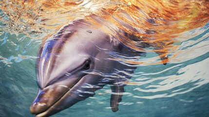 a close-up of a dolphins surfacing the water, detailed and realistic, generative ai