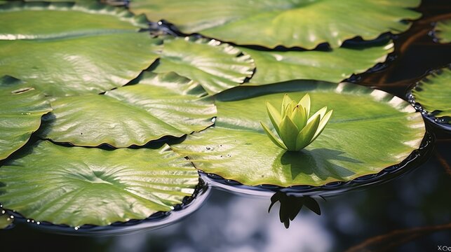 close-up lily pads floating in a pond, detailed and realistic, generative ai
