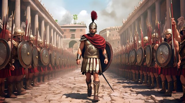 anchient roman background design, soldiers moments before entering the battleground