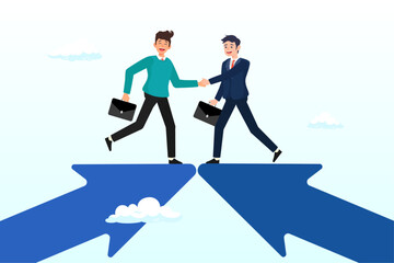 Businessmen handshake on growth arrow joining connection agree to work together, cooperation partnership, work together for success, team collaboration, agreement or negotiation, collaborate (Vector)