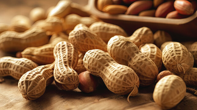 Still life capture showcases fresh peanuts scattered on rustic sackcloth