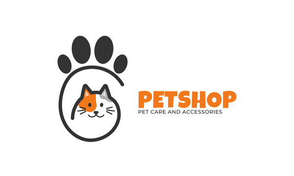 Pet shop logo design. Cute cat outline with paw illustration
