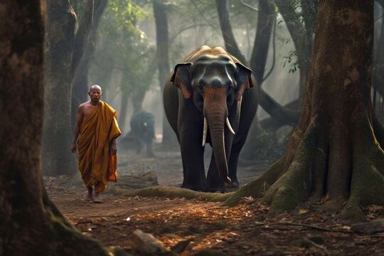 Monks and elephants in the jungle, Thailand
