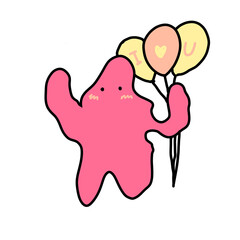 The pink monster holding balloons