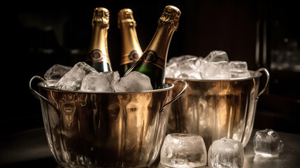 champagne bottles chilling in an ice bucket