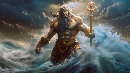 Giant poseidon coming out of the stormy sea. Greek mythological god wearing gold bracelets, carrying a golden trident in a storm Poseidon a Greek mythology god