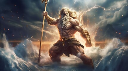 Giant poseidon coming out of the stormy sea. Greek mythological god wearing gold bracelets, carrying a golden trident in a storm Poseidon a Greek mythology god