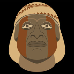 Head of a Moche man. Native American art of ancient Peru. Indigenous male portrait. On black background.