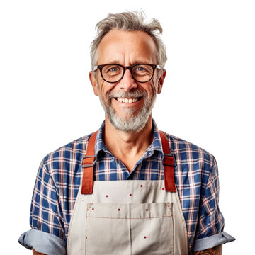 Portrait Of Senior Middle Aged Man Wearing Apron And Standing Crossed Arms Illustration On White Background Isolated Transparent Background, PNG.