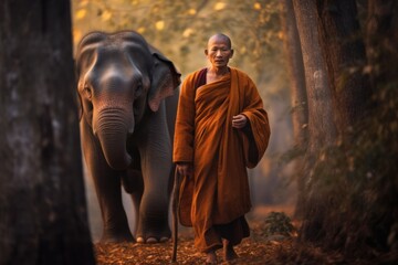 Obraz na płótnie Canvas Monks and elephants in the jungle, Thailand