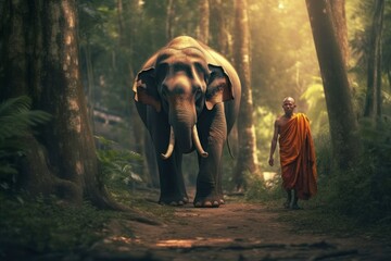 Fototapeta premium Monks and elephants in the jungle, Thailand