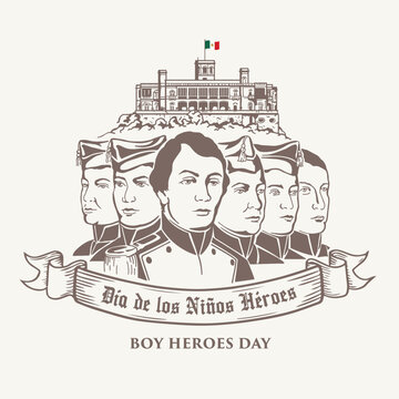 VECTORS. Editable banner for Boys Heroes Day in Mexico, September 13. Military cadets, Chapultepec Castle