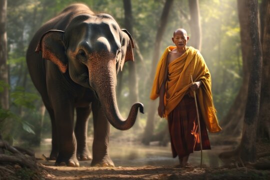Monks and elephants in the jungle, Thailand