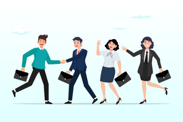 Businessman manager handshake welcome and introduce new staff to team, onboarding new employee, warm welcome to new office, introduce new hire to colleagues, orientation training on first day (Vector)