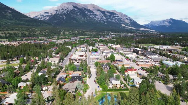 Town of Canmore, Areal view. residential, mountains,  Banff National Park, Alberta, Canada. 4K