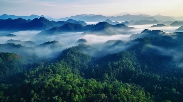 ジャングルの中の霧の多い風景。霧と雲の山の熱帯の谷の風景。航空写真、広い霧のパノラマGenerativeAI