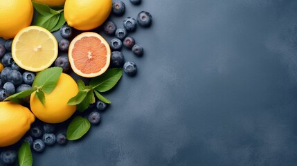 夏の背景にレモンフルーツ、オレンジ、ブルーベリー、ミントの葉。サマーレモネード用のフルーツ。夏のコンセプト。平置き、上面図GenerativeAI