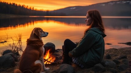 若い女性と犬がキャンプのキャンプファイヤーの近くの湖の岸に座り、夕暮れ時の湖の素晴らしい景色を楽しんでいます。人間と犬の友情GenerativeAI