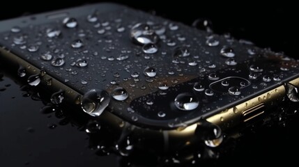 水滴の中のスマートフォン、防水電話、濡れた電話。スマートフォンGenerativeAI - obrazy, fototapety, plakaty