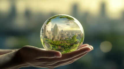 都市が入ったガラスの地球儀を持っている手。エコグリーンシティのコンセプト。グリーン エネルギー、ESG、再生可能資源。環境への配慮GenerativeAI
