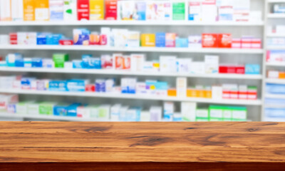 Wooden counter with blurred pharmacy background. Table in the foreground for displaying products. - obrazy, fototapety, plakaty