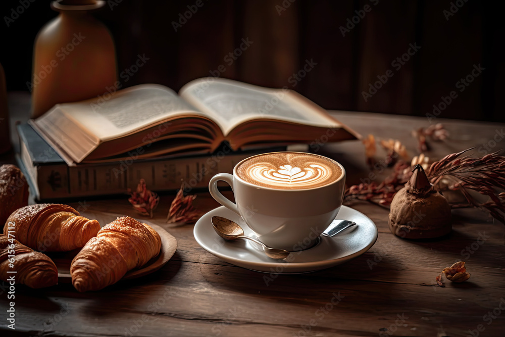 Wall mural a cup of coffee and some croises on a table with an open book in the photo is dark