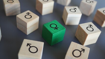 Female symbol surrounded by male symbol.  Concept of gender equality, gender struggle, equal opportunities and sex discrimination.