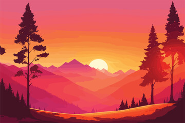 vector art of landscape nature sunrise scene with trees, hills, mountains