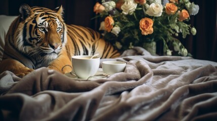 Tiger is enjoying a cup of coffee and flowers. Generative AI