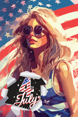 beautiful lady in with sunglass in abstract American flag background white red blue stars and strips