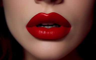 Fototapeta premium Close up portrait of a woman with red lips. Generative AI technology.
