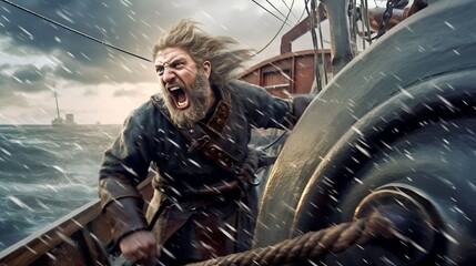 Fototapeta na wymiar Viking King standing at the bow of a viking sailboat, screaming before a raid