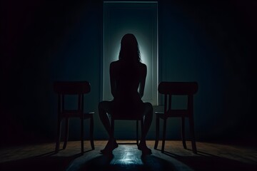 silhouette of a women in depress with dark gloomy light. Content created with generative AI software