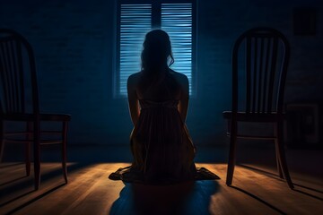 silhouette of a women in depress with dark gloomy light. Content created with generative AI software
