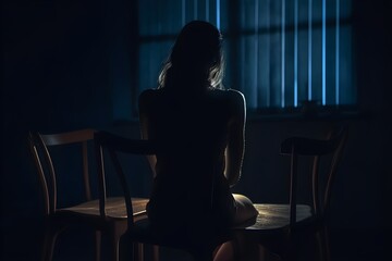 silhouette of a women in depress with dark gloomy light. Content created with generative AI software