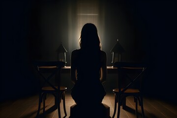 silhouette of a women in depress with dark gloomy light. Content created with generative AI software