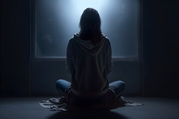silhouette of a women in depress with dark gloomy light. Content created with generative AI software
