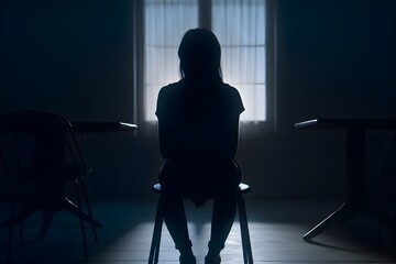 silhouette of a women in depress with dark gloomy light. Content created with generative AI software