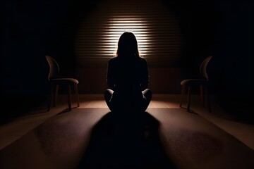 silhouette of a women in depress with dark gloomy light. Content created with generative AI software