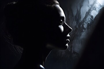silhouette of a women in depress with dark gloomy light. Content created with generative AI software