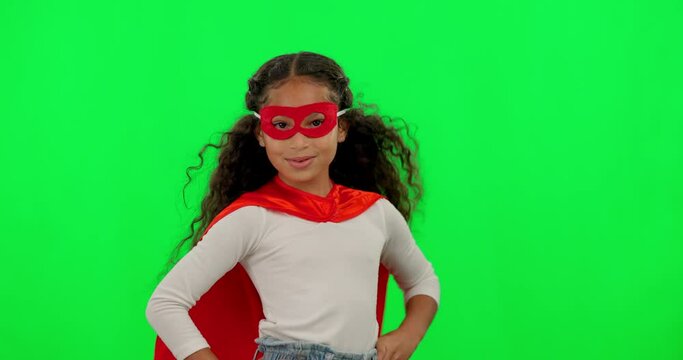 Female child, superhero and green screen with mask, hair flip and fight for justice in mock up. Young girl kid, power and portrait with confidence, superhero cape and stop crime in studio background