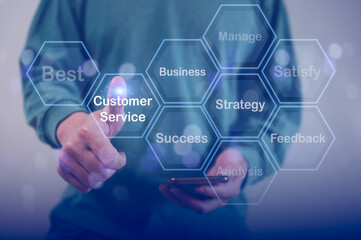 customer service concept, man thumb up with business chart customer service success strategy best management data analysis