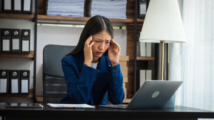 Stress chinese business woman doing bookkeeping analyst audit working papers, public offering, cash...