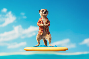 meerkat on the surfboard on blue sky background, Generative AI
